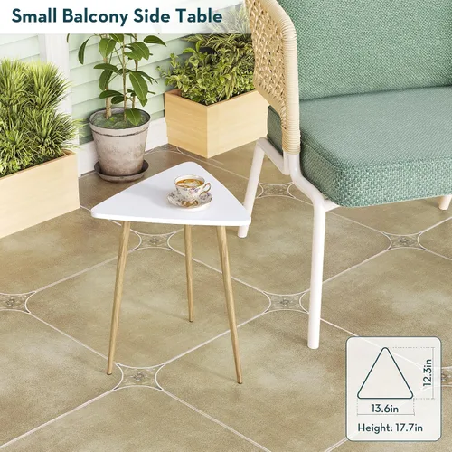 Vista 7 de SAYGOER Mesa auxiliar blanca pequeña triangular, mesa de sofá moderna y estrecha para sala de estar, dormitorio, mesita de noche única, marco