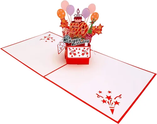 Vista 3 de iGifts And Cards Tarjeta de felicitación emergente 3D con caja de fiesta de cumpleaños número 50 color rojo – Cincuenta, impresionante, globos
