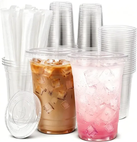 Vista 9 de Tazas de café helado To Go de 16 onzas con tapas y pajitas, paquete de 25 vasos desechables de plástico transparente con tapas para café helado