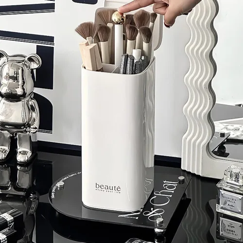 Vista 9 de Soporte de cepillo de maquillaje de elevación automática con tapa a prueba de polvo organizadores cosméticos para tocador-blanco