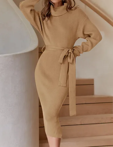 Vista 71 de ZESICA - Vestido por debajo de la rodilla de suéter, de cuello alto, para mujer, de manga larga, de punto acanalado, con abertura y cinturón