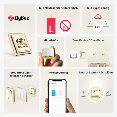 Vista 2 de SONOFF Mini Duo-L Zigbee Smart Switch – Sin cable neutro, Zigbee 3.0, doble canal, 16 A en total, compatible con Alexa, Google Home, temporizador