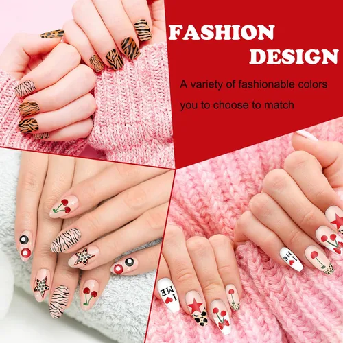 Vista 6 de Whaline Juego de 6 placas de estampado de uñas de guepardo y cerezas, arco de estrella de leopardo, cereza, placa de arte de uñas para bricolaje