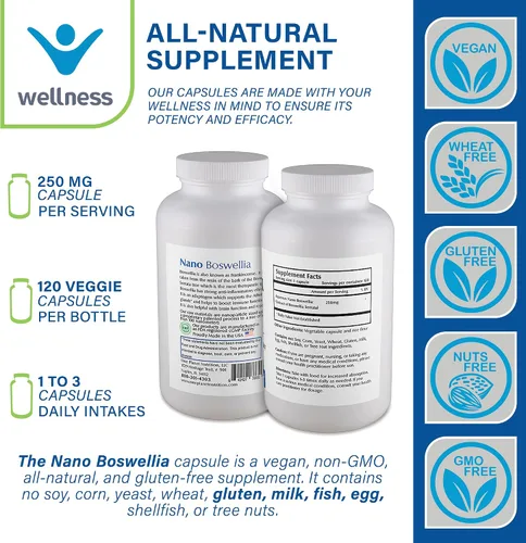 Vista 2 de One Planet Nutrition Nano Boswellia - Cápsulas vegetales de 250 mg (120 porciones), resina Boswellia serrata, apoya la función cognitiva
