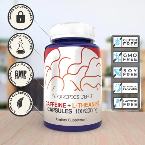 Vista 7 de Nootropics Depot Cápsulas de cafeína y L-teanina 60 píldoras Contiene 100 mg de cafeína y 200 mg de L-teanina Suplemento natural Potenciador