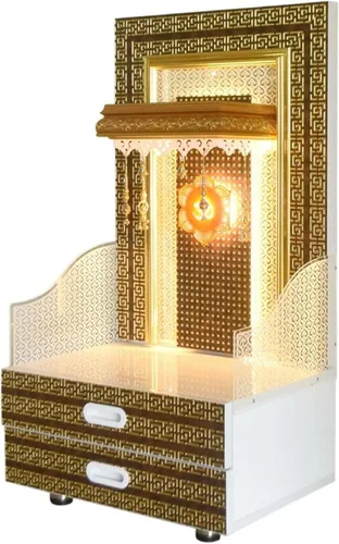 Vista 3 de Pooja MANDIR - Templo Pooja de madera para diseño de hogar con doble cajón e iluminación LED, tamaño (L X B X H - en pulgadas): 24.00 X 18.00 X 54.00
