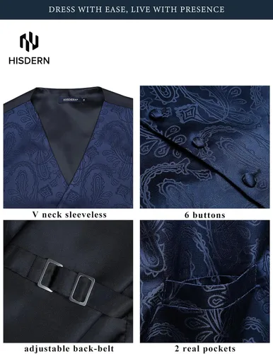 Vista 3 de HISDERN Conjunto de 3 piezas de chaleco formal para hombre, chaleco formal de cachemira floral jacquard corbata bolsillo cuadrado chalecos