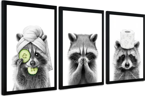 Vista 25 de Arte de pared de lienzo enmarcado para baño con oso negro tierno, decoración divertida para baño con animales, adorable oso con papel higiénico