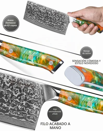Vista 3 de Cuchillo chino de chef – Cuchillo de carnicero de 7 pulgadas – Serie Xuan – Cuchillo de cocina de acero Damasco VG10 – Mango de resina