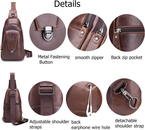Vista 3 de BULLCAPTAIN Bolso bandolera de cuero para hombre, multibolsillo, bolso cruzado en el pecho, mochila de viaje, casual, para hombro
