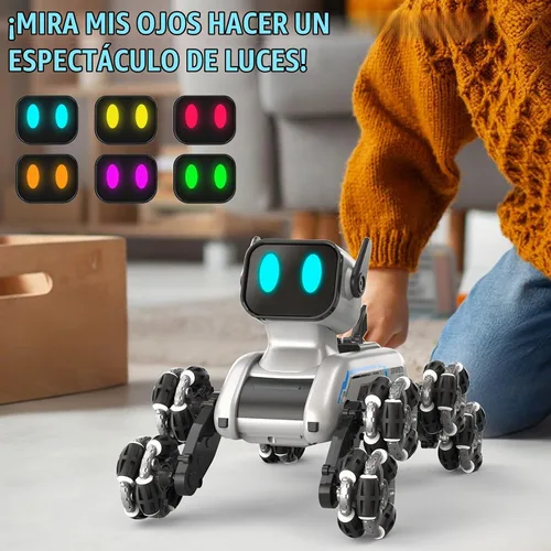 Vista 4 de SIMREX Robot Perro RC Coche de Acrobacias Juguetes - Coche de control remoto con detección de gestos con ruedas Mecanum, ojos LED, 3 efectos