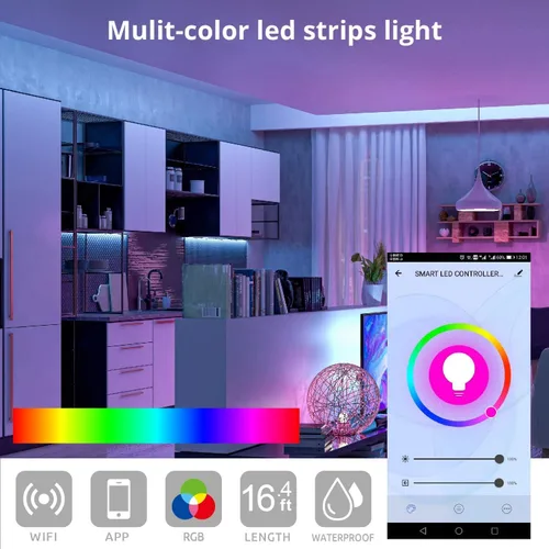 Vista 4 de WBM Smart Tira de luces LED RGB, IP65 impermeable de 16.4 pies de largo, compatible con Alexa, Google Home, control de aplicación para el hogar