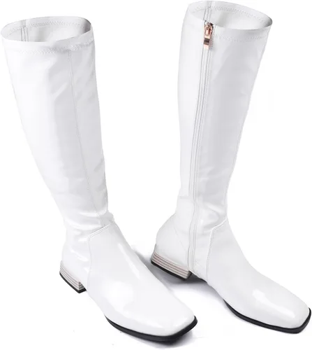 Vista 9 de GENSHUO Botas altas hasta la rodilla para mujer, cómodas botas de tacón plano vintage con punta cuadrada para otoño e invierno, con cremallera