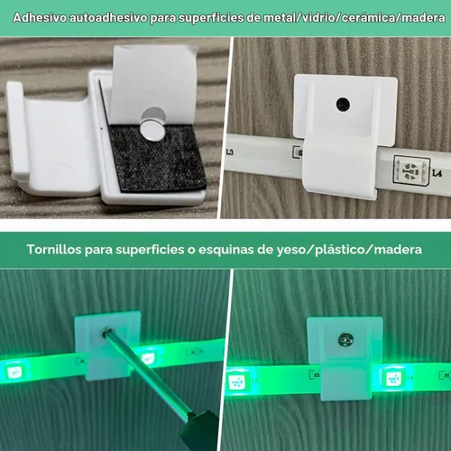 Vista 3 de Clips de montaje para luces permanentes al aire libre, tira de luces LED con cinta adhesiva + tornillos, soportes de montaje ideales para tiras