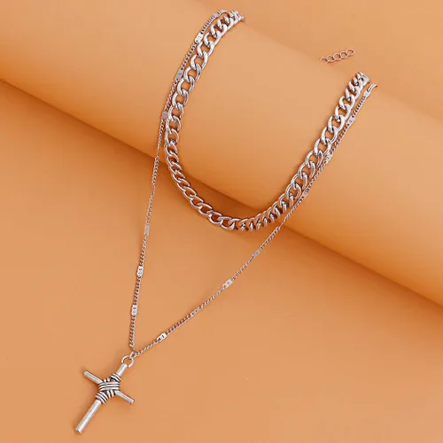 Vista 8 de Collar de cruz en capas de plata, gargantilla gruesa, collar con colgante de cruz para mujer