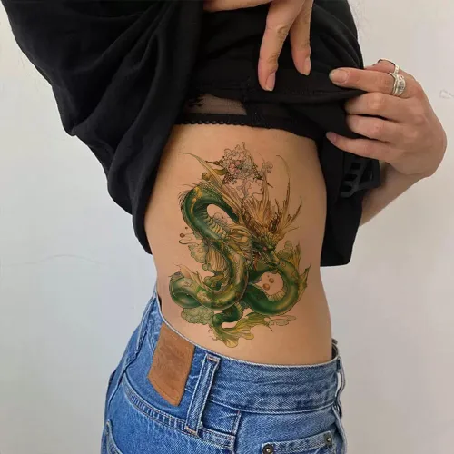 Vista 5 de 2 hojas brazo muslo impermeable falso tatuaje temporal etiqueta engomada verde dragón chino