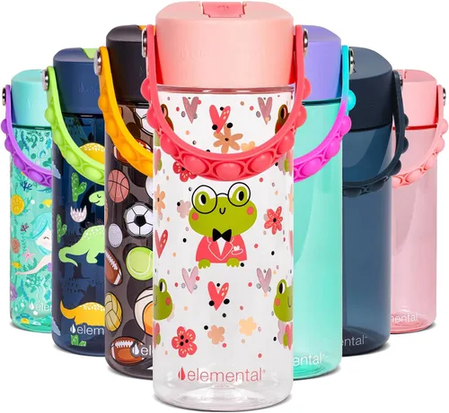 Vista 42 de Elemental Botellas de agua para niños – Botella de agua para niños Splash para la escuela con mango Pop-it – Botella de agua de plástico Tritan sin