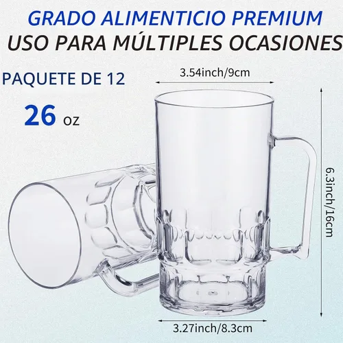 Vista 2 de Mifoci 12 tazas de cerveza de plástico de 26 onzas con asas, vasos de plástico transparente, vasos a granel reutilizables de acrílico para beber