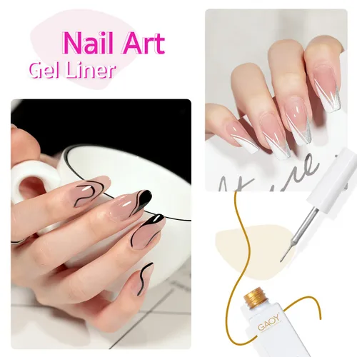 Vista 3 de GAOY Esmalte de uñas de gel, 6 colores clásicos, negro, blanco, dorado, plateado para diseño de pintura de uñas con pincel fino, manicura francesa