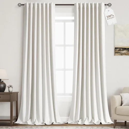 Vista 98 de Nanspring Cortinas de lino 100% opacas para dormitorio, 96 pulgadas de largo, con pestaña trasera, bolsillo para barra, aislamiento térmico, cortina