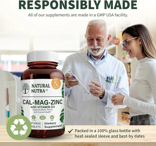 Vista 5 de Natural Nutra Suplemento de calcio y magnesio y zinc con vitamina D3 para fortaleza ósea, salud sin gluten y sin azúcar, complejo mineral esencial