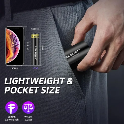 Vista 6 de DARKBEAM Linterna UV Luz Negra 395 NM, Mini pero Potente USB-C LED Recargable Lámpara de Madera, Linternas Ultravioleta para Detección de Orina