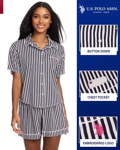 Vista 2 de U.S. Polo Assn. Pijama de verano para mujer, conjunto de camiseta de manga corta con botones y pantalones cortos de pijama, conjuntos de descanso