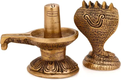 Vista 3 de QT Shopping Shiva Ling de latón hecho a mano Shiv Lingam con estatua de latón Sheshnaag Ídolo Murti para el templo casero y Pooja 6.5 pulgadas hecho