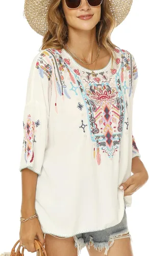 Vista 5 de Vakakado Blusas bordadas mexicanas bohemias para mujer, camisas tradicionales bohemias campesinas de manga 34, ropa hippie, blusa tipo túnica