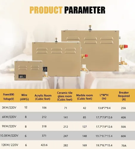 Vista 6 de CGOLDENWALL Generador de Vapor Comercial Autodrenante de 5KW Sistema de Ducha Generador de Baño de Vapor Doméstico Spa de 30 min a 12 Horas