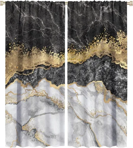 Vista 62 de Cortinas abstractas de mármol de lujo de lujo azul marino dorado a rayas con patrón de mármol estampado para dormitorio, sala de estar, cortinas