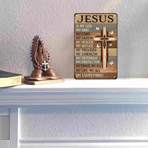 Vista 4 de Smilelife Regalos cristianos para mujeres y hombres Jesús es mi Dios, mi rey, todo lo que soy - Letrero vintage de hojalata religiosa de metal