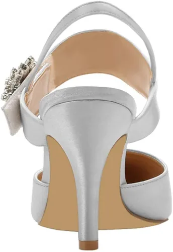 Vista 6 de ERIJUNOR Zapatos de tacón medio para mujer, con punta puntiaguda, broche de diamantes de imitación, zapatos de vestir de satén, zapatos de noche