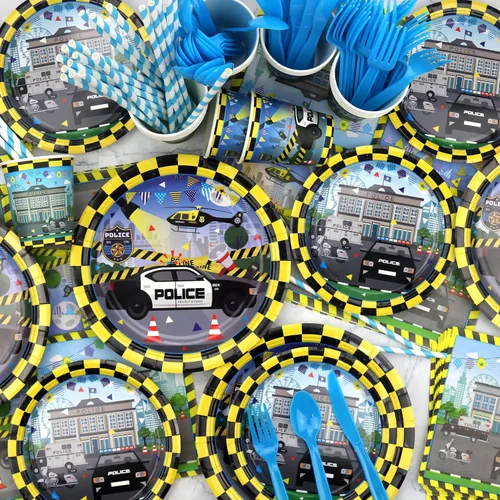 Vista 5 de KEFAN Decoraciones de fiesta de cumpleaños de policía, suministros de vajilla para fiestas temáticas de policía, incluyendo telón de fondo de feliz