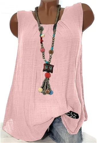 Vista 2 de ZZWXWA Women Shirts Flowy Sleeveless Cotton Linen Shirts Tunic Tops to Wear with Leggings Loose Fit Solid Round Neck T-Shirt