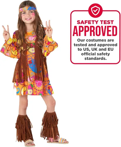 Vista 4 de Morph Disfraces para niños, vestido hippie de los años 60 y 70 para niñas, disfraz de Halloween disponible en tallas S, M, L, XL