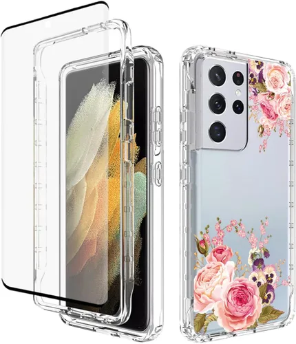 Vista 8 de Funda para Galaxy S21 Ultra 5G, SM-G998U con protector de pantalla de vidrio templado, cuerpo completo transparente con protección floral