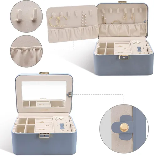Vista 5 de KAMIER Caja organizadora de joyas, 2 capas de piel sintética, gran capacidad, doble cerradura y espejo grande, ganchos ocultos para collares