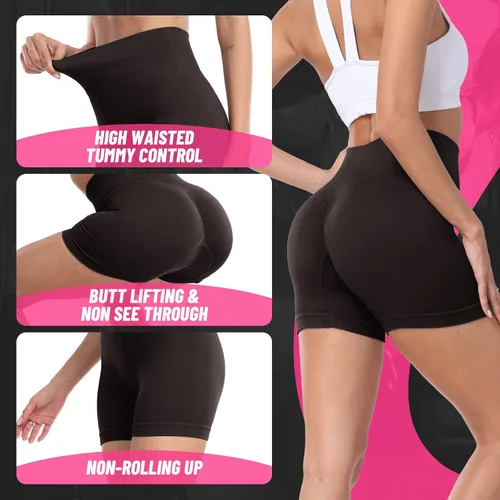 Vista 3 de LAWAKE Pantalones cortos de entrenamiento para mujer, con levantamiento de glúteos, cintura alta, sin costuras, acanalados, para ciclismo, gimnasio