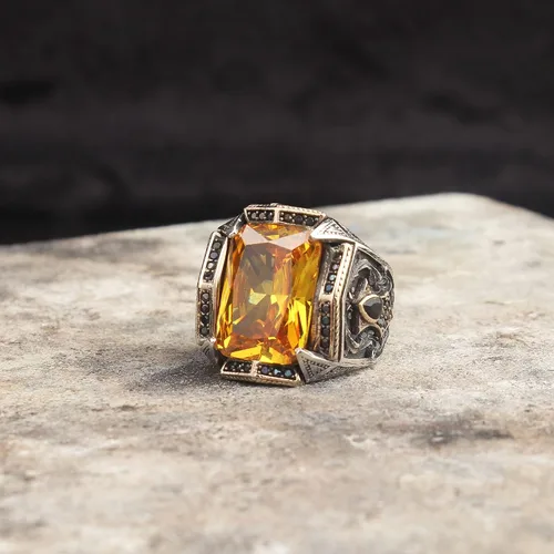 Vista 4 de BayVog Anillo de plata de ley 925 con piedra de citrino para hombre, anillo de citrino para hombre, anillo grabado hecho a mano para hombre, anillo