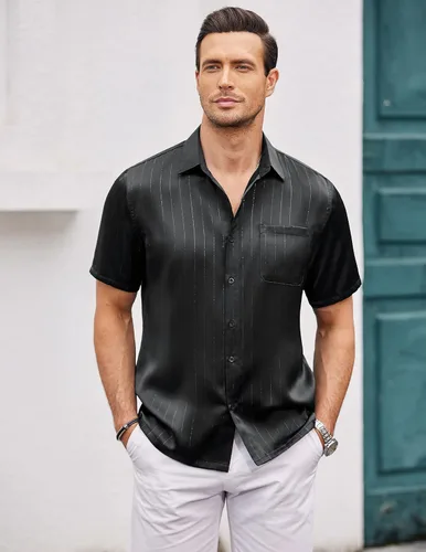 Vista 4 de COOFANDY Camisas de vestir de seda de manga corta para hombre, camisas casuales de satén con botones y bolsillo, para fiesta, graduación, boda