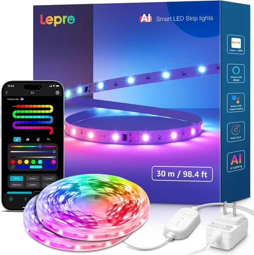 Vista 9 de Lepro S1 - Tira de luces LED AI para dormitorio, tiras de luz RGB inteligentes de 16.4 pies con efectos de persecución IC y arcoíris, segmento