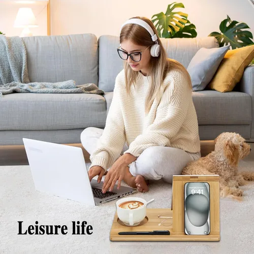 Vista 8 de Soporte para Libros de Bambú, Soporte Triangular para Libros con Marco de Imagen Acrílico, Descanso para Libros con Portavasos, Soporte para Tableta