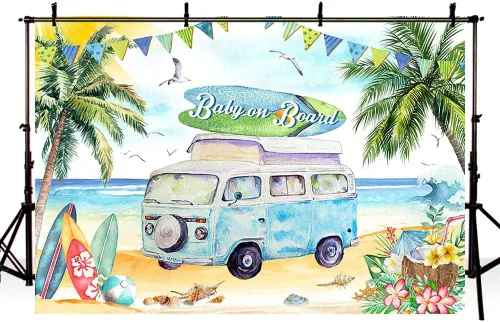 Vista 4 de AIBIIN Telón de fondo para baby shower de bebé a bordo de 7 x 5 pies para niño, tropical, verano, mar, playa, baby shower, fotografía, fondo