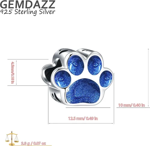 Vista 2 de GEMDAZZ Abalorios brillantes con estampado de pata de cachorro en plata de ley 925, cuentas redondas de circonita cúbica con estampado de pata