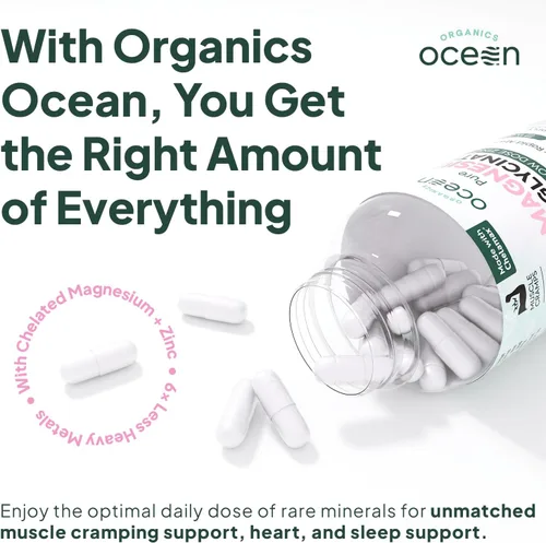 Vista 3 de Organics Ocean Glicinato de Magnesio Puro con Zinc - Suplemento de Magnesio Quelado de Máxima Potencia para Mujeres y Hombres para Calambres