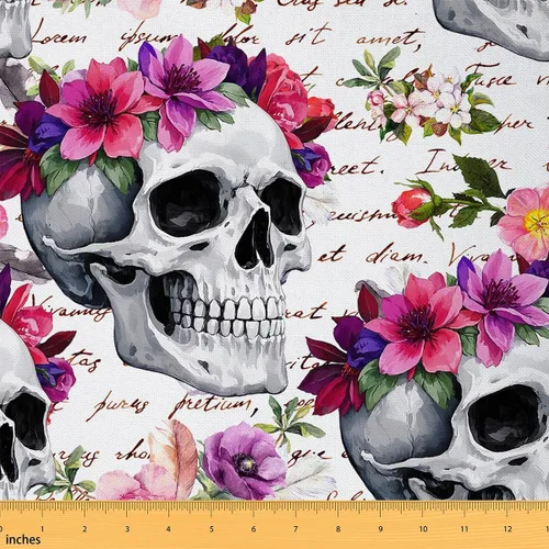Vista 11 de The Yard - Tela de esqueleto de flores en acuarela para sillas, exótica, tribal, floral, estampado de calavera, tela de tapicería para artes, plumas