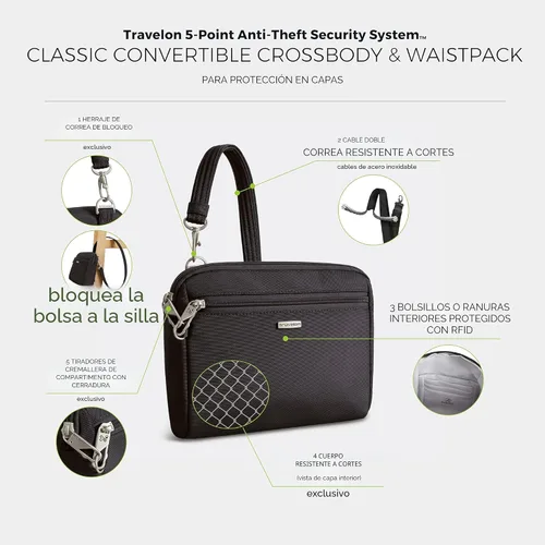 Vista 3 de Travelon Bandolera y cangurera convertible clásica antirrobo, Negro