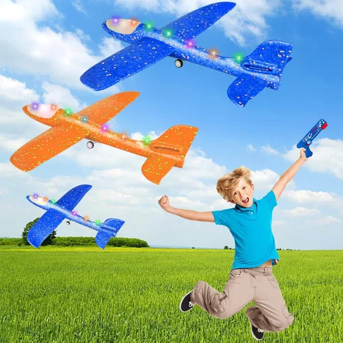 Vista 6 de Paquete de 3 lanzadores de aviones de juguete para niños, planeador de espuma ligera LED con lanzador de avión para jugar al aire libre, juguete