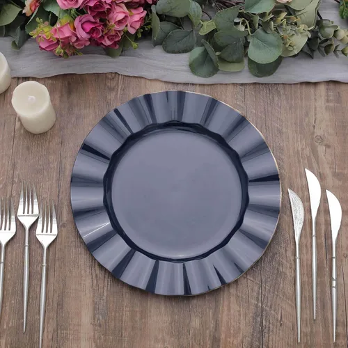 Vista 140 de Tableclothsfactory Paquete de 10 platos redondos de plástico negro de 6 pulgadas para ensalada de postre, platos desechables con borde ondulado